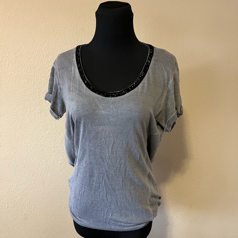Elegant Gray Women's Top with Black Accents